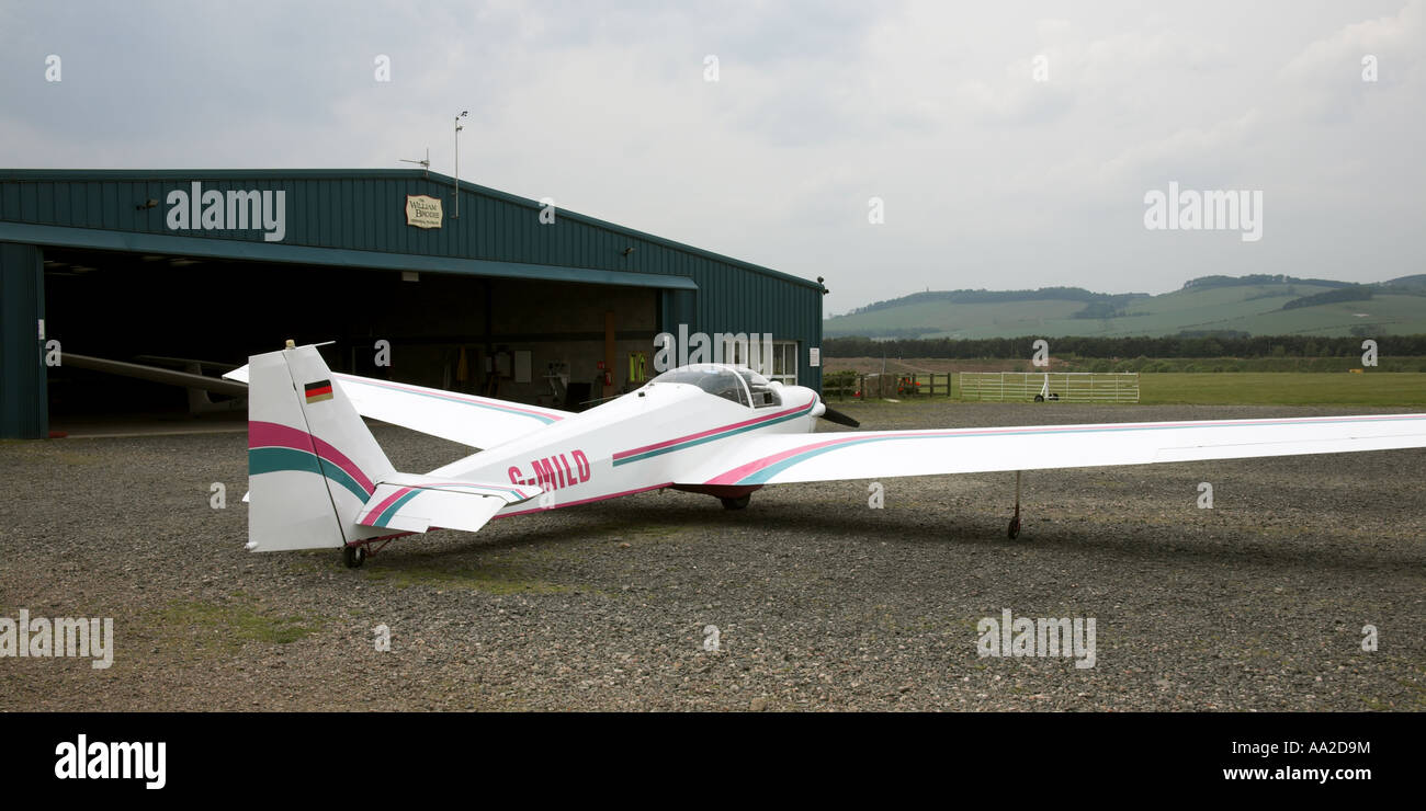 Scheibe SF25C Falke G-MILD powered glider parked at the Borders Gliding Club, Northumberland Stock Photo