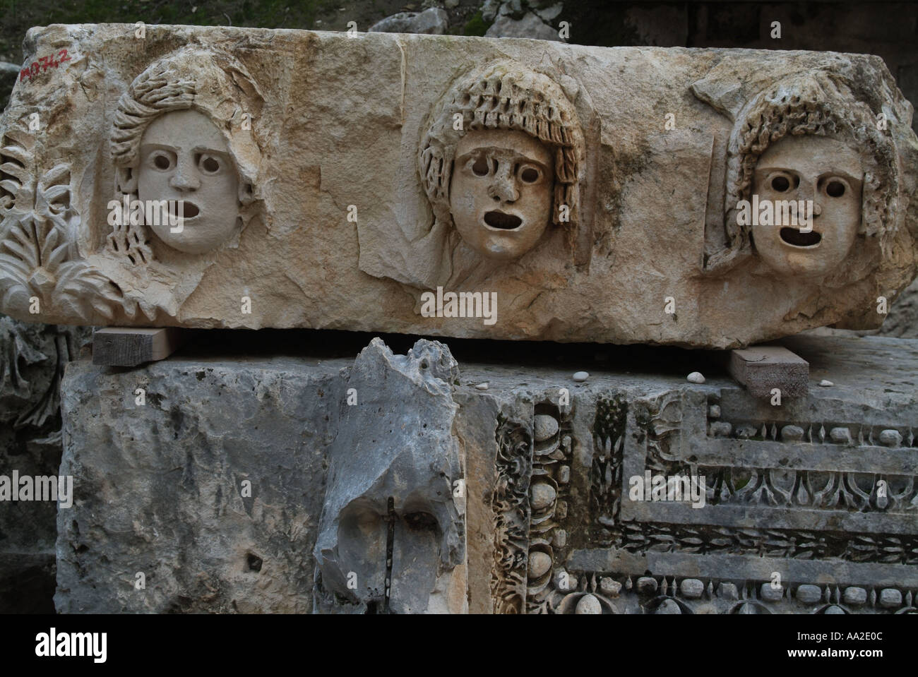 Frieze of stone masks from ancient theatre, Myra. Stock Photo