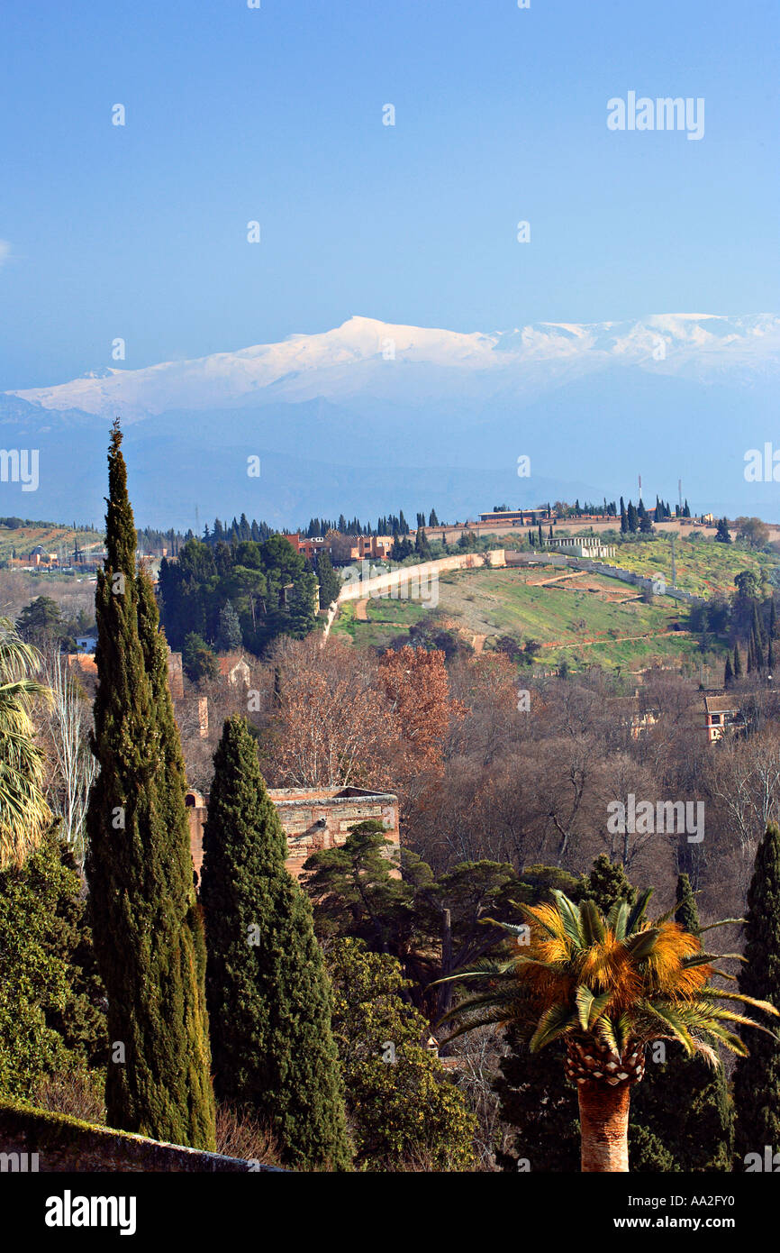 View of the Sierra Nevada from the Alhambra, Spain. Stock Photo