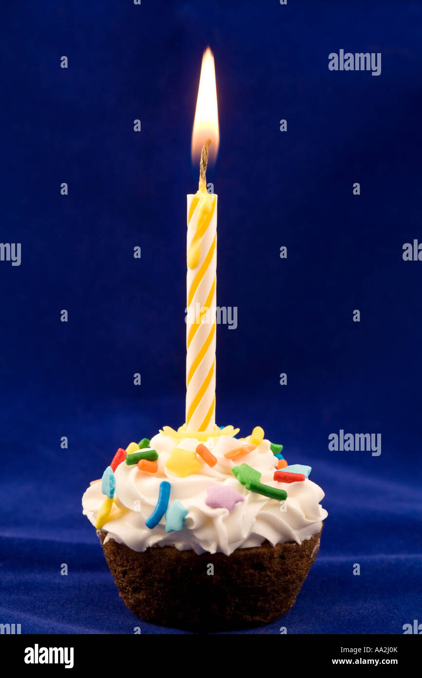 A birthday candle on a cupcake with colored sprinkles Stock Photo Alamy
