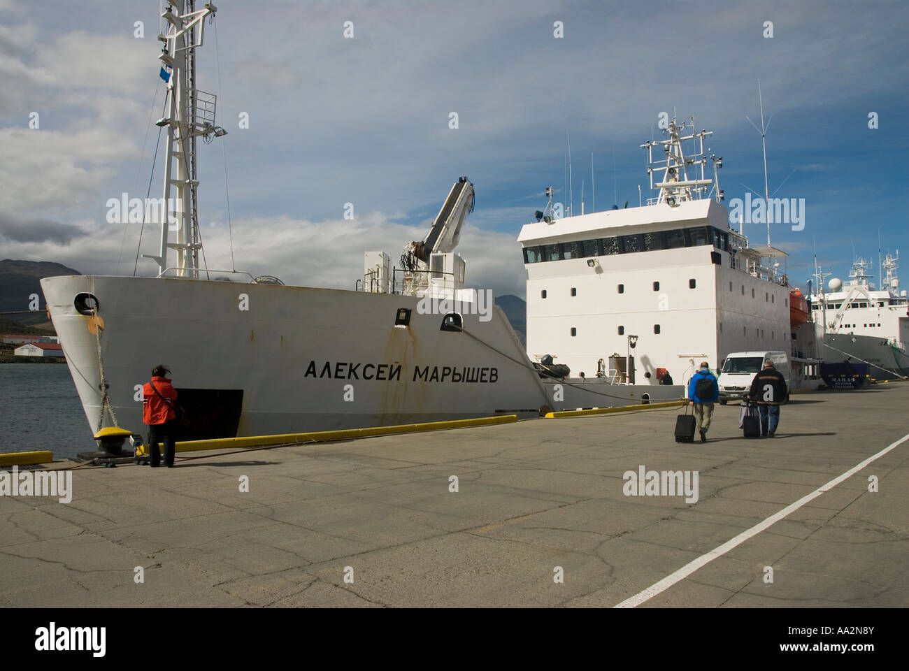 Ships in Ushuaia Harbour departing Antarctic waters,  Tierra Del Fuego, Argentina. Stock Photo
