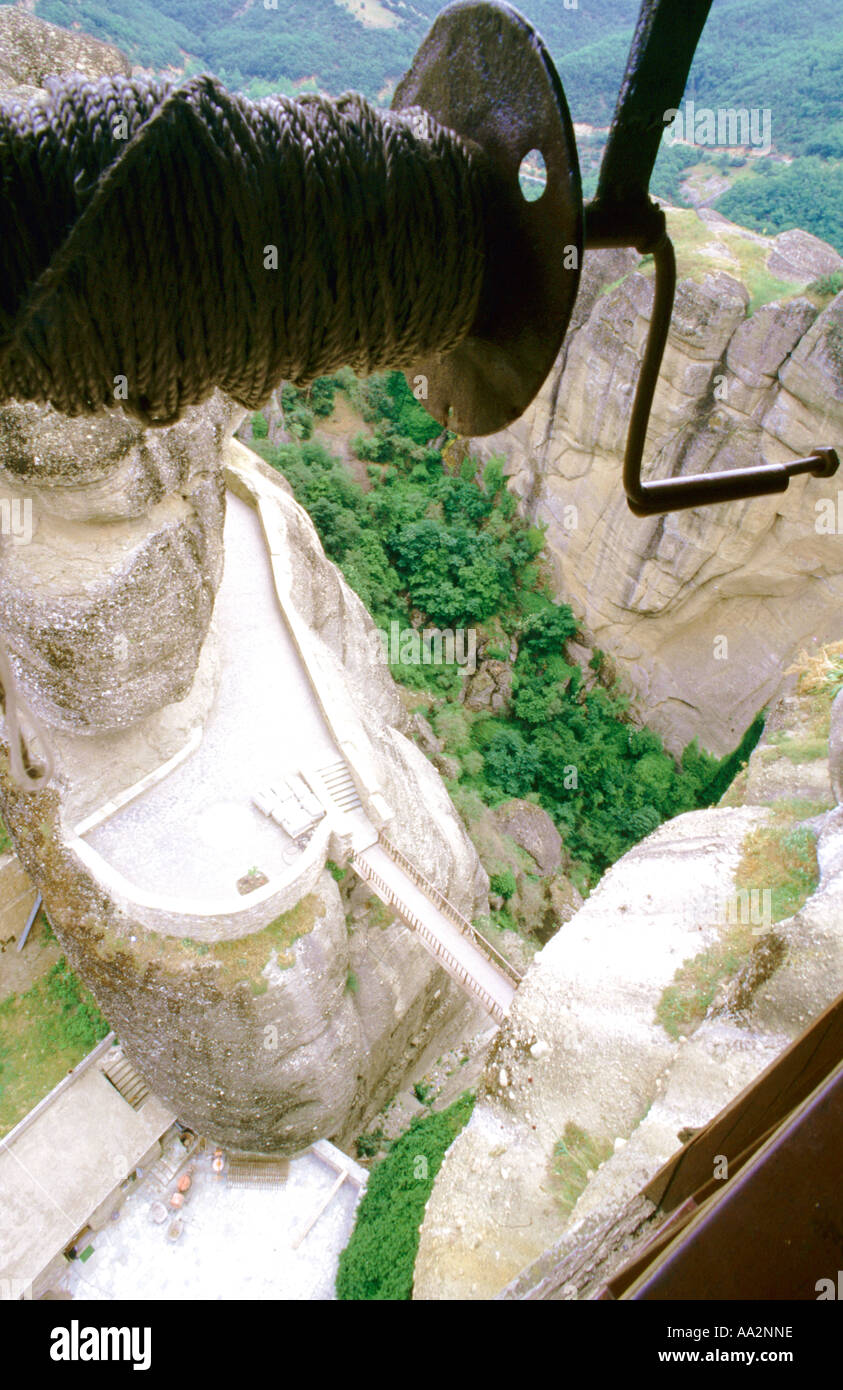 Traditional hoisting winch, Hoist in monastery, Thessaly, Meteora, Greece, closeup Stock Photo