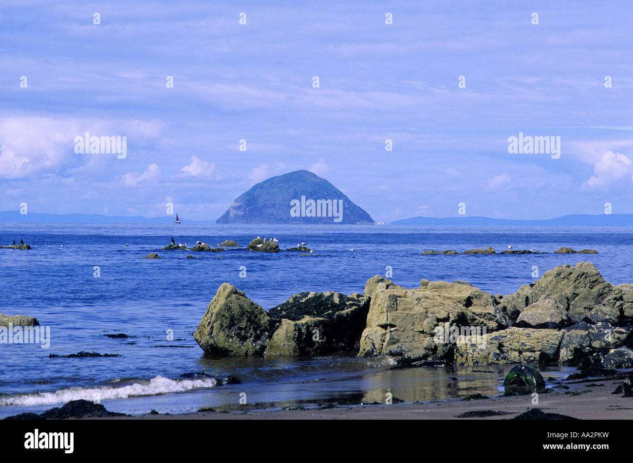 Ailsa Craig from Ballantree Bay, granite island, once volcanic,, Strathclyde, Ayrshire, Scotland