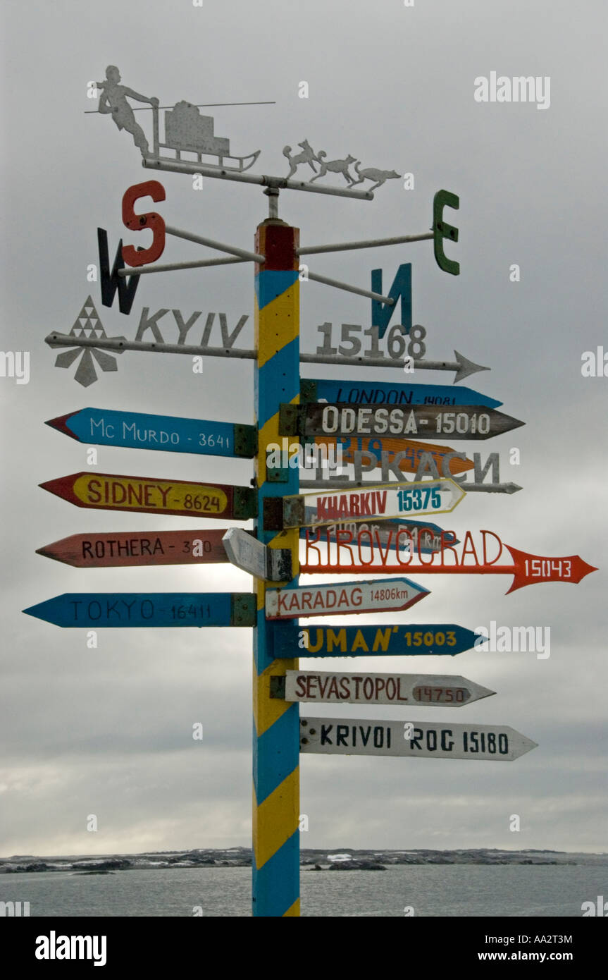 Akademi Vernadsky Scientific Research Base, signpost with directions, Antarctica. Stock Photo