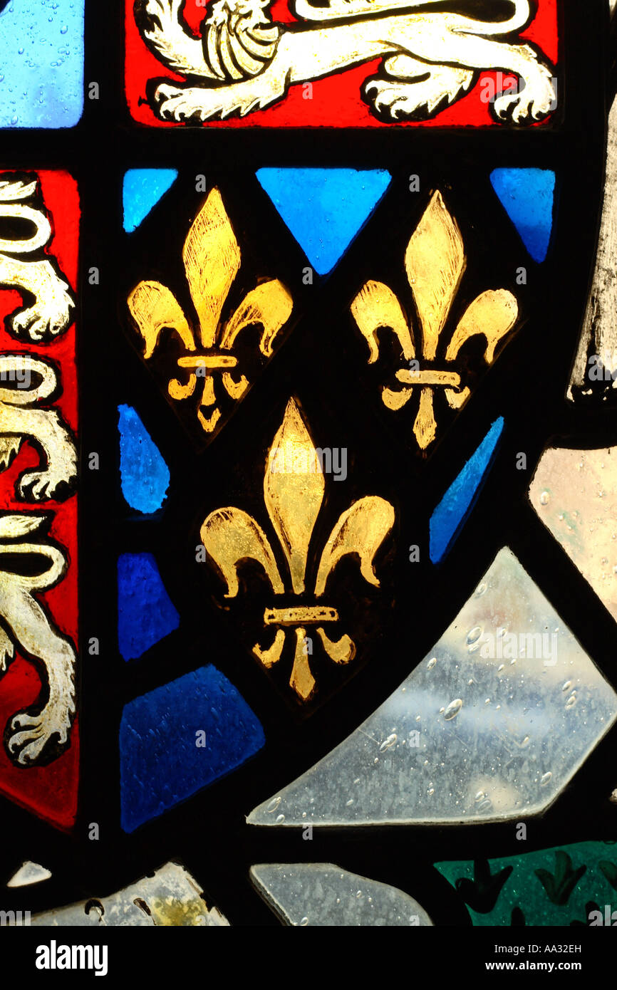 Fleur de Lys coat of arms symbol on cathedral stained glass window Stock Photo