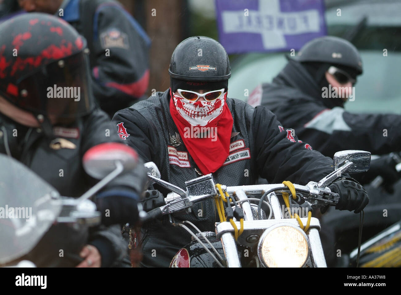 Hells Angels Funeral Motorcycle club members at funeral for member who was gunned down Stock Photo