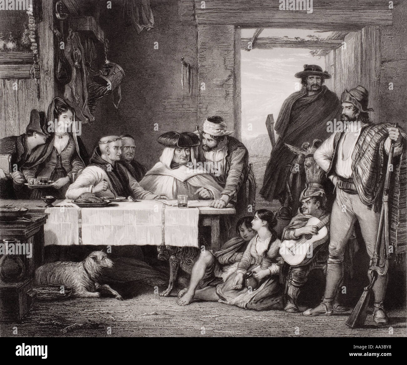 Guerrilla Council of War.  Sketched by Sir David Wilkie engraved by J C Armytage Stock Photo