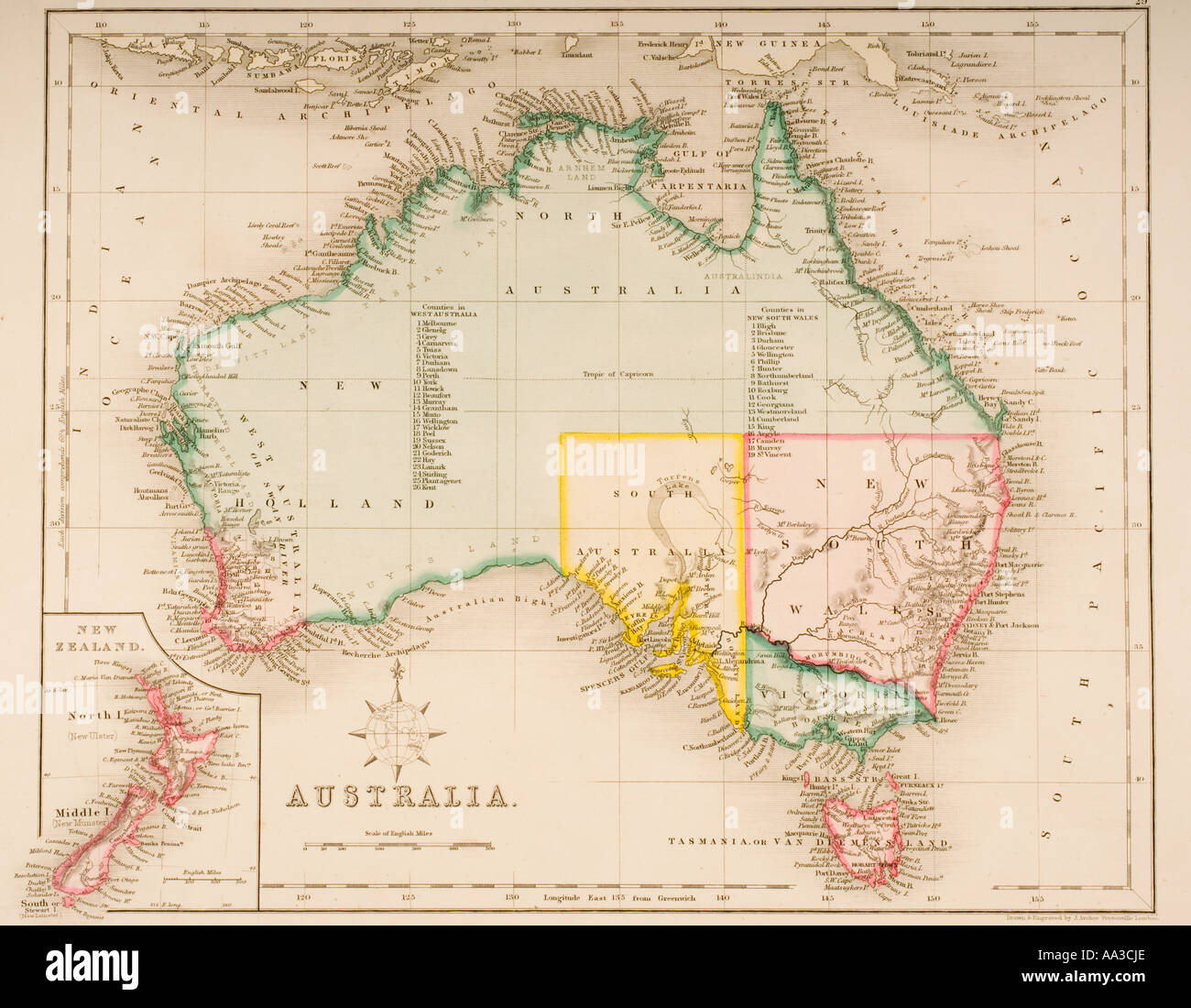 Map of Australia and New Zealand Drawn and engraved by J Archer Pentonville circa1830 Stock Photo