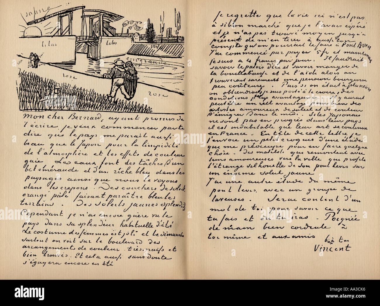 Facsimile of letter from Vincent Van Gogh to Emile Bernard. Vincent Van Gogh, 1853 - 1890.  Dutch artist. Stock Photo
