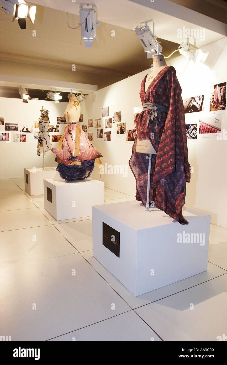 Robert Cary williams stand at London Fashion week with outfits produced from inject prints Stock Photo