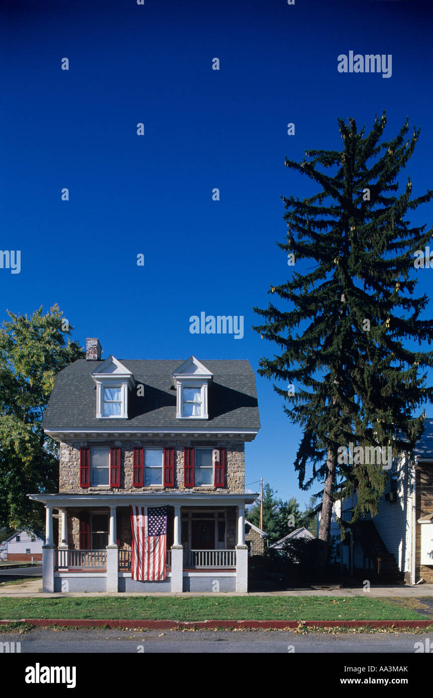 USA Maryland Flag draped house in Civil War town historic section of Sharpsburg Stock Photo