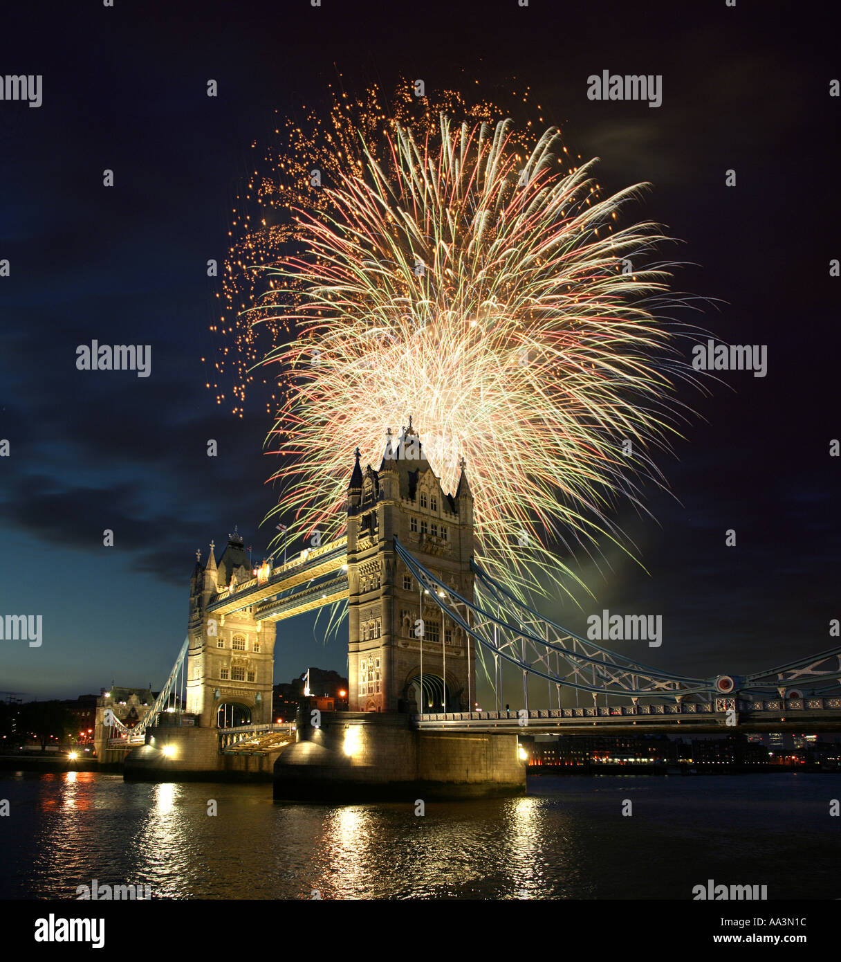 England London River Thames fireworks over Tower Bridge Stock Photo