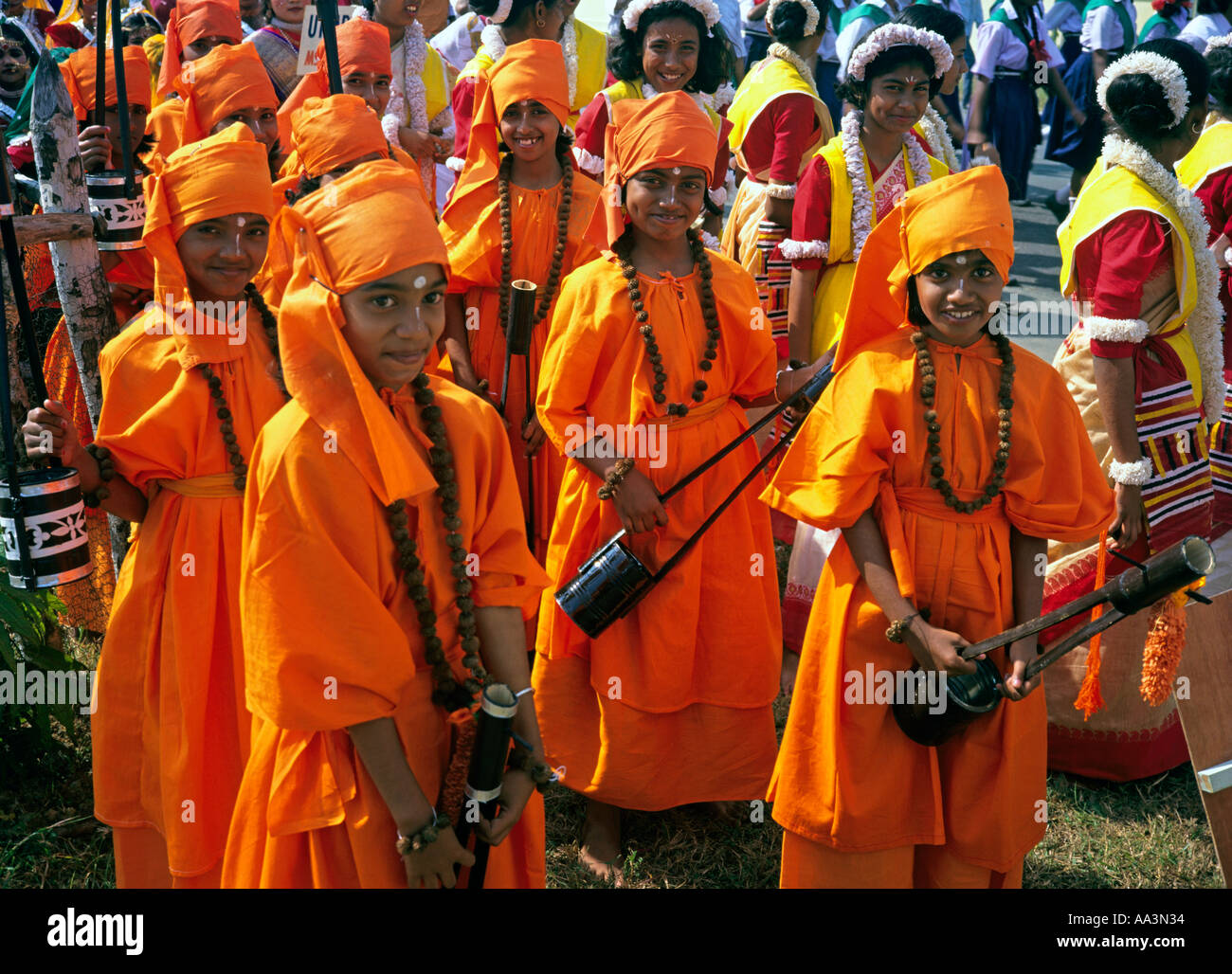 India Andaman Islands Port Blair Republic Day schoolchildren dressed in Indian State costumes Stock Photo