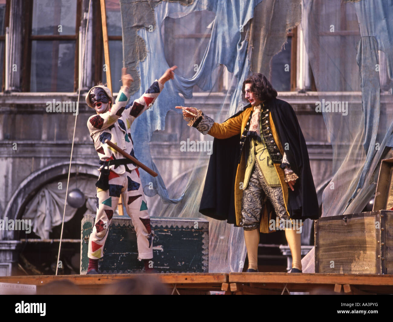 Venice, Veneto, Italy. Venice Carnival. Commedia dell'Arte performance in St Mark's Square Stock Photo