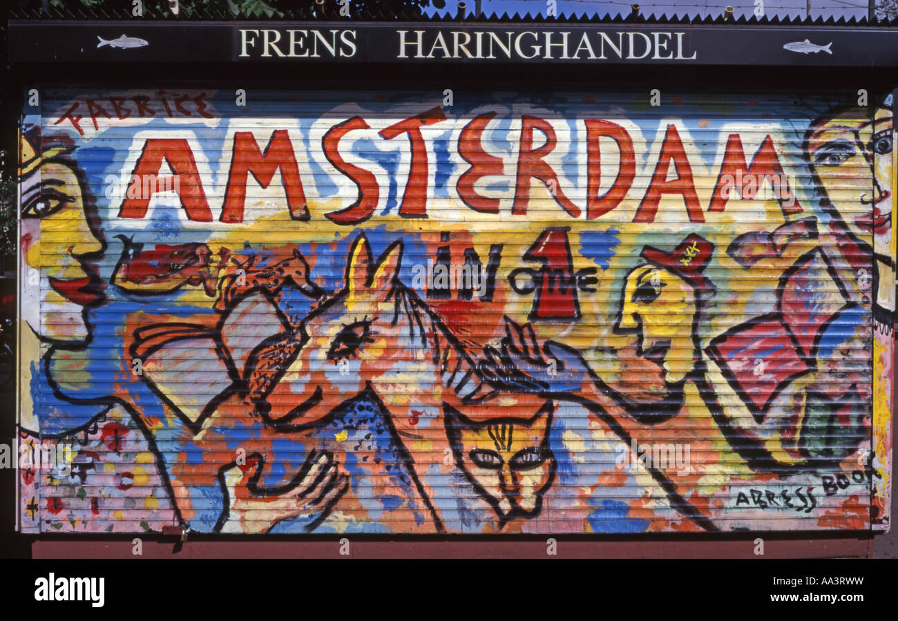 Amsterdam, Netherlands. Graffiti on shutters of closed Herring Stall 'Amsterdam in One' Stock Photo
