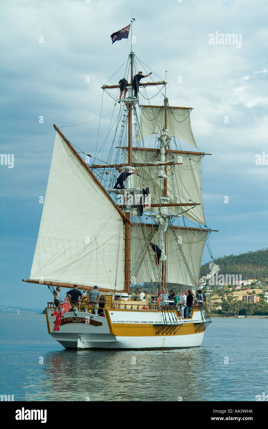 Square rigged ship Lady Nelson sailing on the Derwent River in Tasmania
