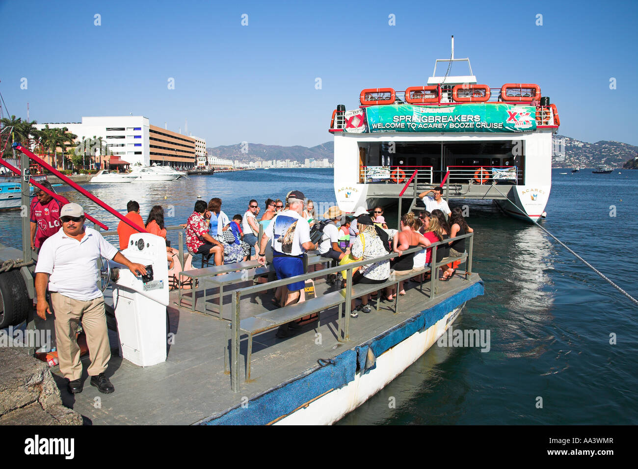 Tourists On Transfer Boat To Acarey Springbreakers Booze Cruise Ship Stock Photo Alamy alamy