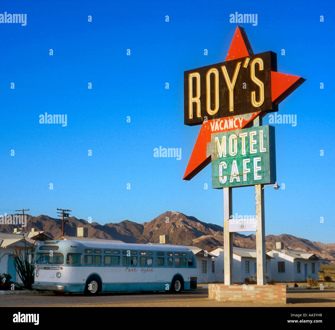 Roys Motel Cafe sign on old Route 66 in Amboy California Stock Photo