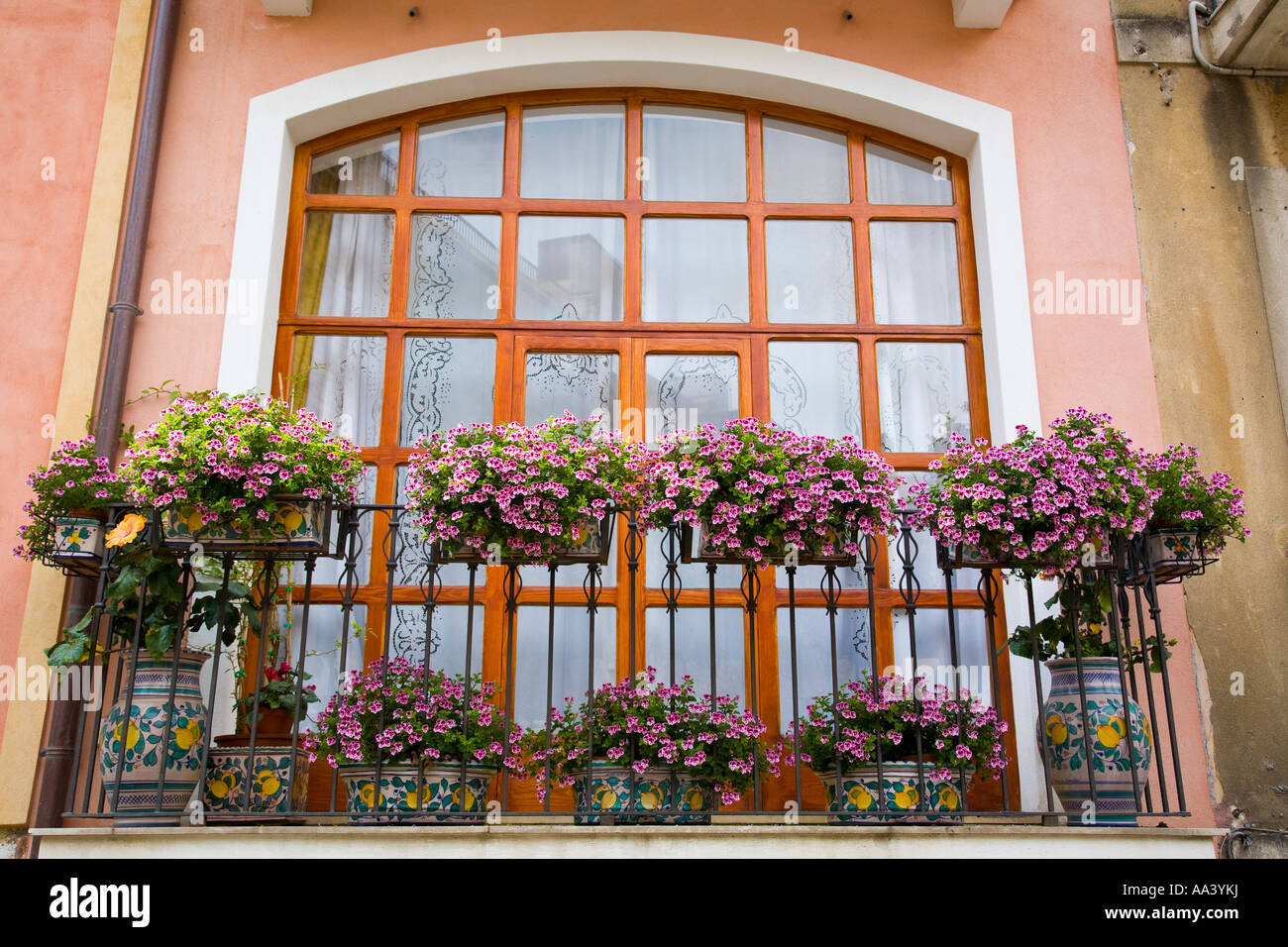 Flowers On Typical Apartment Balcony Taormina Sicily Italy Flowers On Typical Apartment Balcony Taormina Sicily Italy