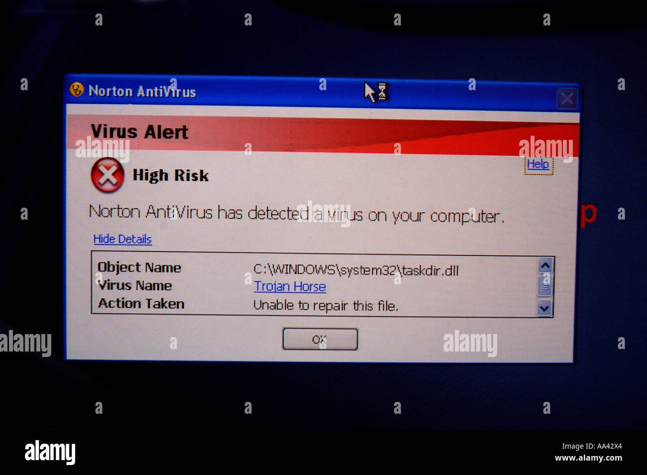 Norton Anti virus Trojan Horse warning alert antivirus high risk computer virus attack Stock Photo