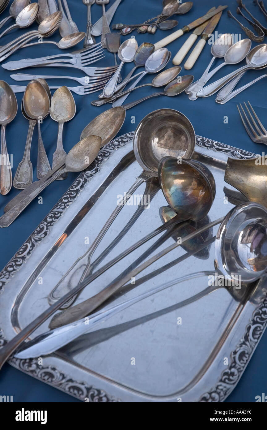 Old silver cutlery at the flea market Stock Photo Alamy