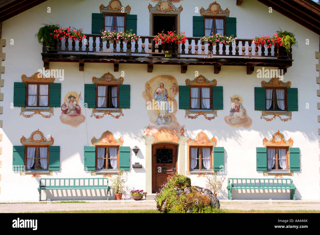 Traditional Bavarian farm house with painted facade Bavaria Germany Europe Stock Photo