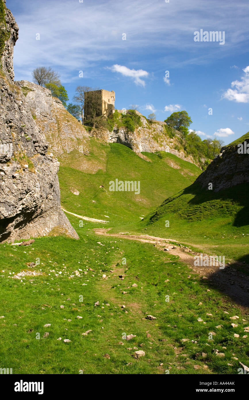 Peveril View View of Peveril Castle above CaveDale at Castleton in the Peak District ...