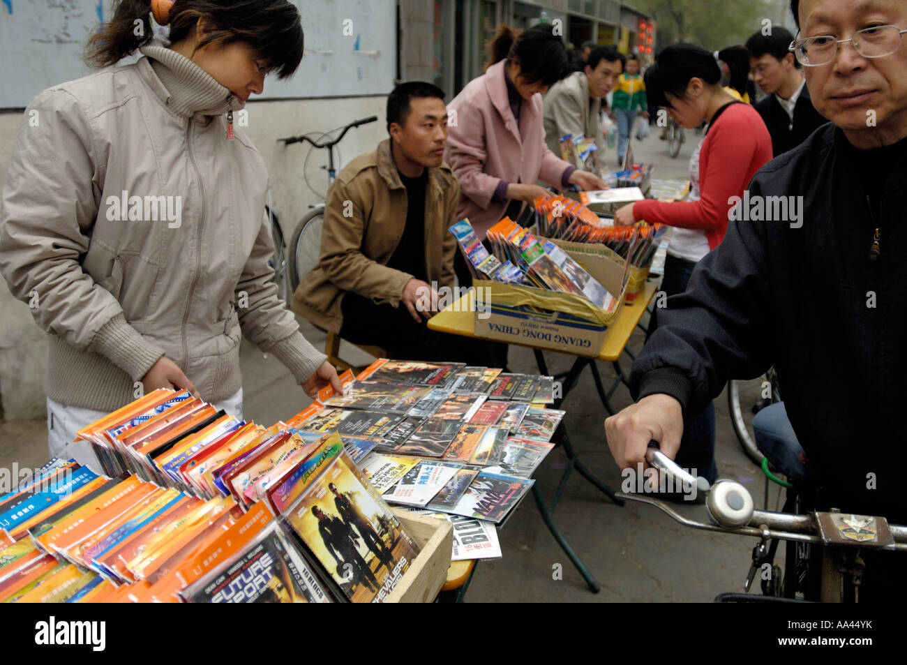 Pirated DVDs are sold openly in a community in Beijing China April 21 2006 Stock Photo