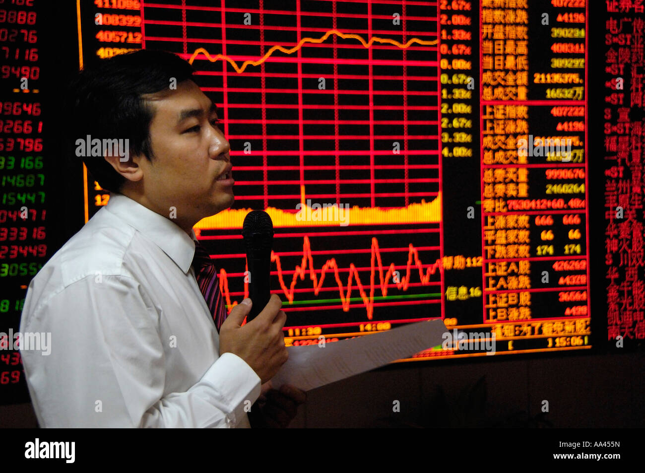 A stock analyst analyzes market to investors at the end of the exchange day in a stock exchange of Beijing 21 May 2007 Stock Photo