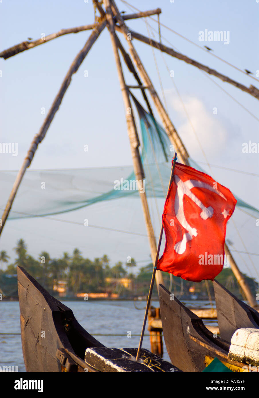 The Hammer and Sickle flag flies on a fishing boat at the Chinese Nets