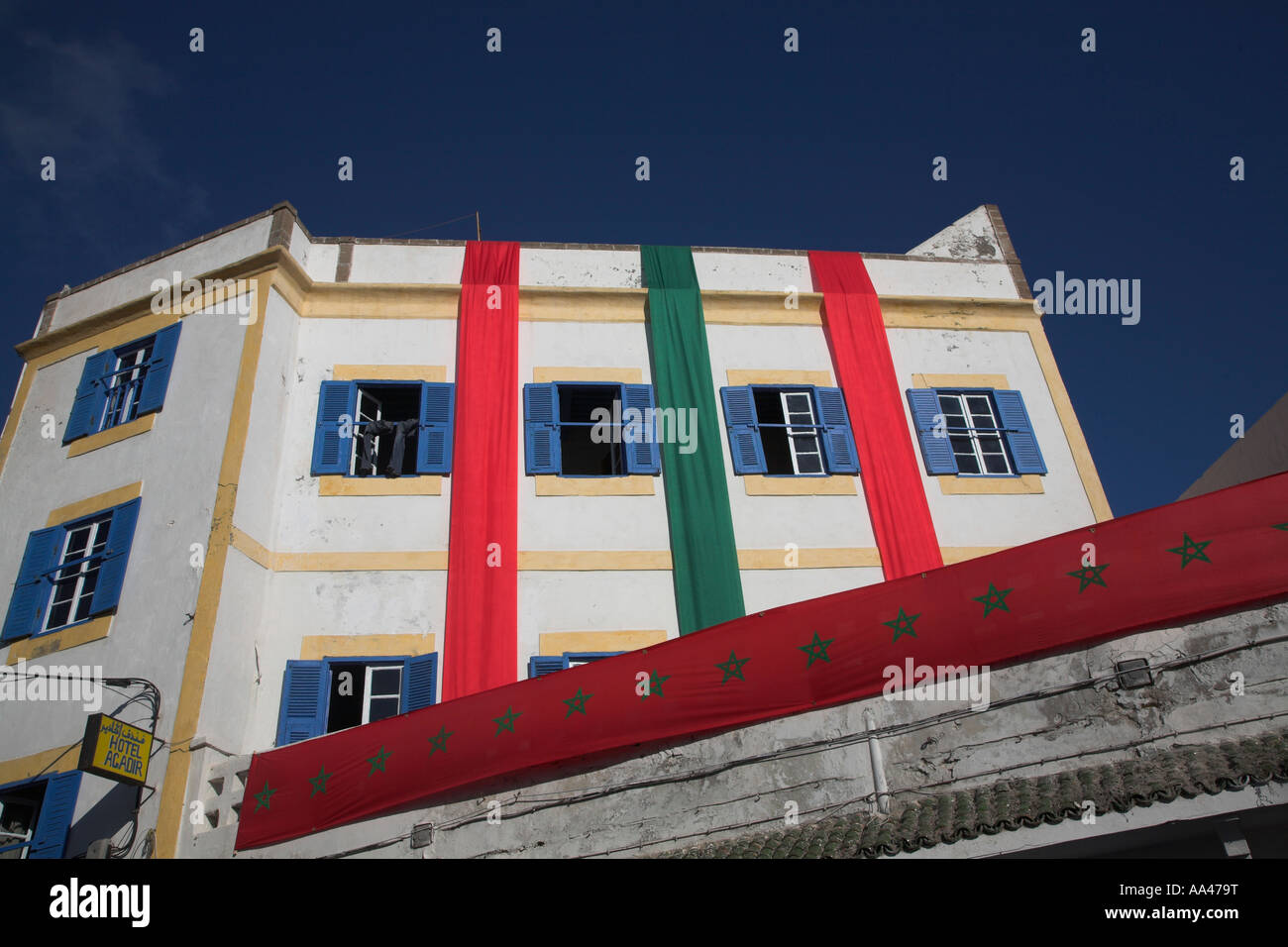 Building decorated in national colours red green sashes Essaouira, Morocco, north Africa Stock Photo