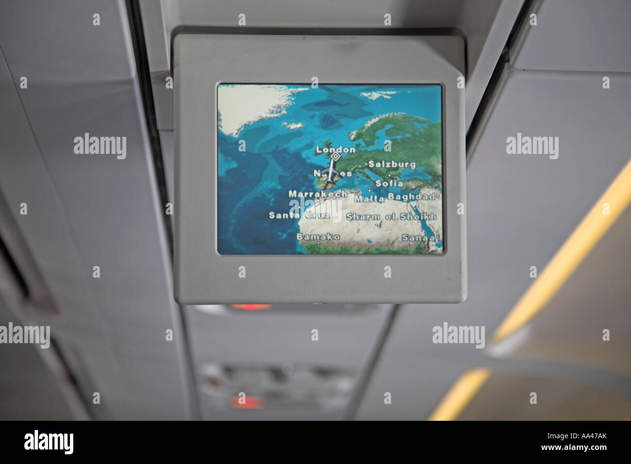 Inflight electronic location map showing Africa, Europe and current
