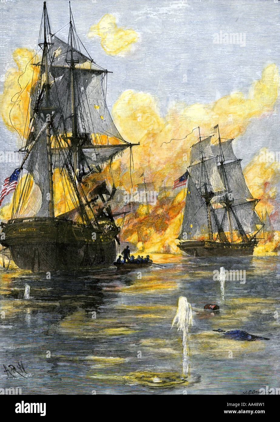 US fleet of Oliver H Perry during his naval victory over the British on Lake Erie in 1813 during the War of 1812. Hand-colored woodcut Stock Photo