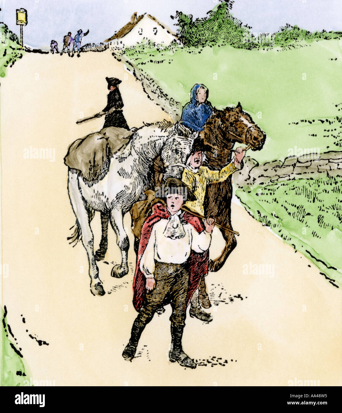 Tory refugees fleeing to Canada during American Revolution. Hand-colored woodcut Stock Photo