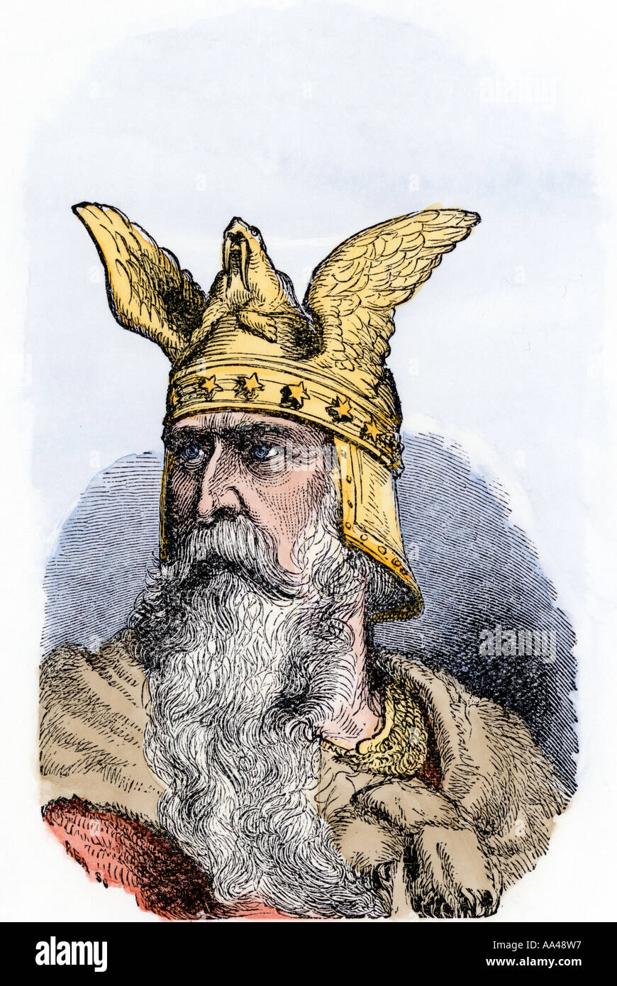Norse sea king during the Viking era probably Olaf I. Hand-colored woodcut Stock Photo