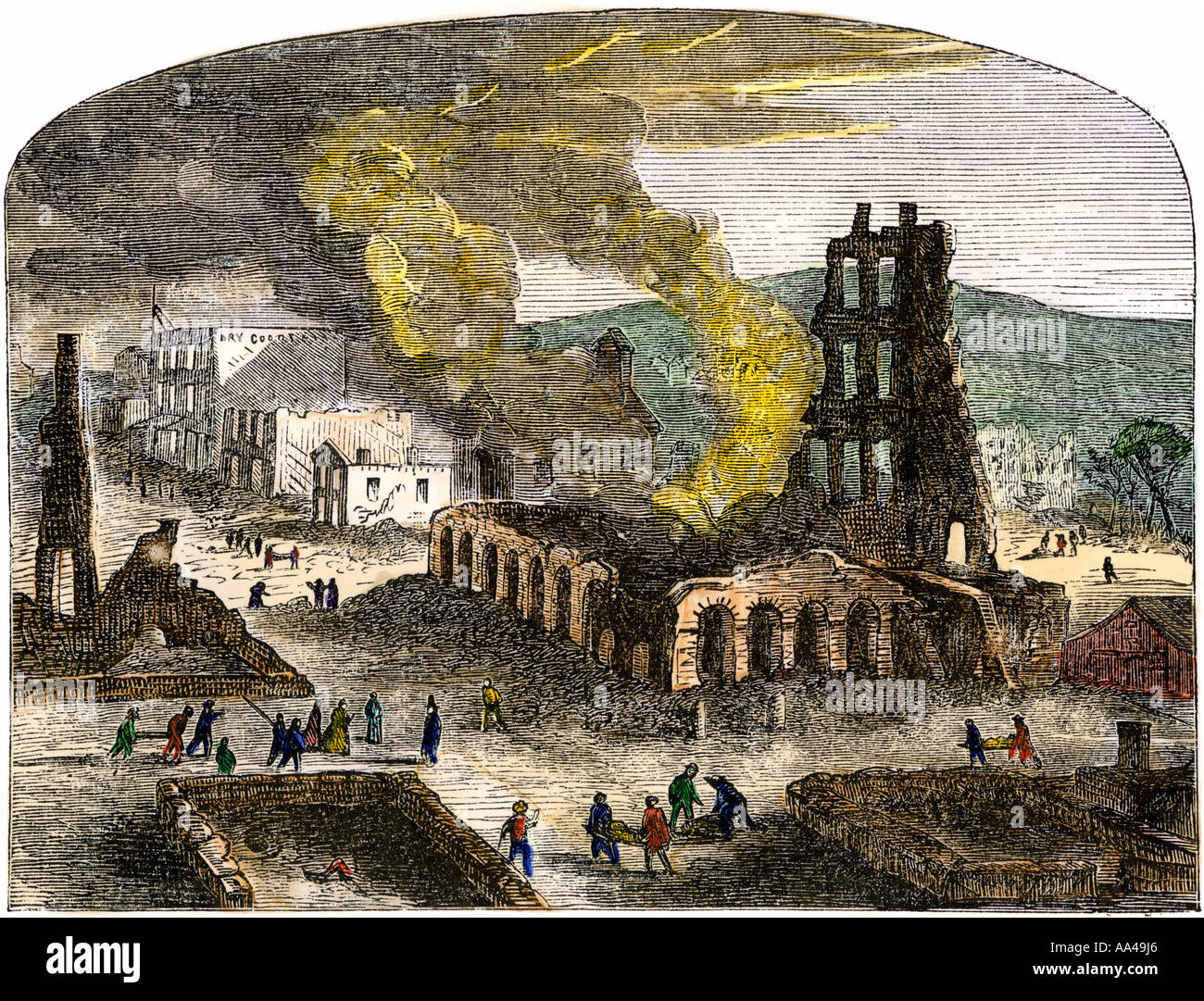 Burning buildings in Lawrence Kansas after the Confederate Quantrill Raid 1863. Hand-colored woodcut Stock Photo