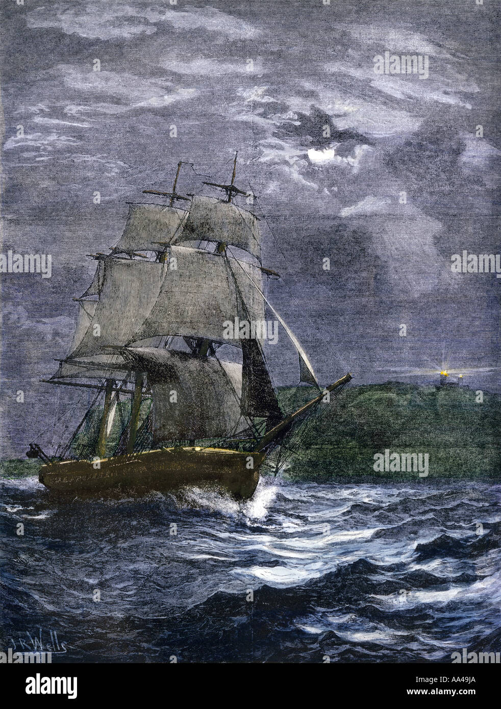Sailing-ship passing a lighthouse marking the way to home port 1800s. Hand-colored woodcut Stock Photo
