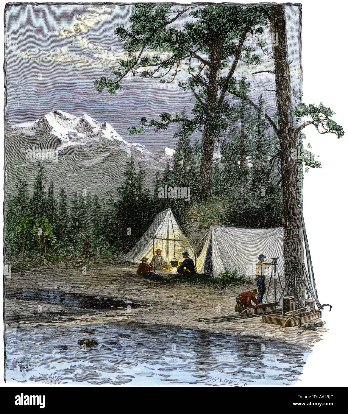 Surveyors for the railroad and their expedition in camp in the Rocky Mountains 1800s. Hand-colored woodcut Stock Photo