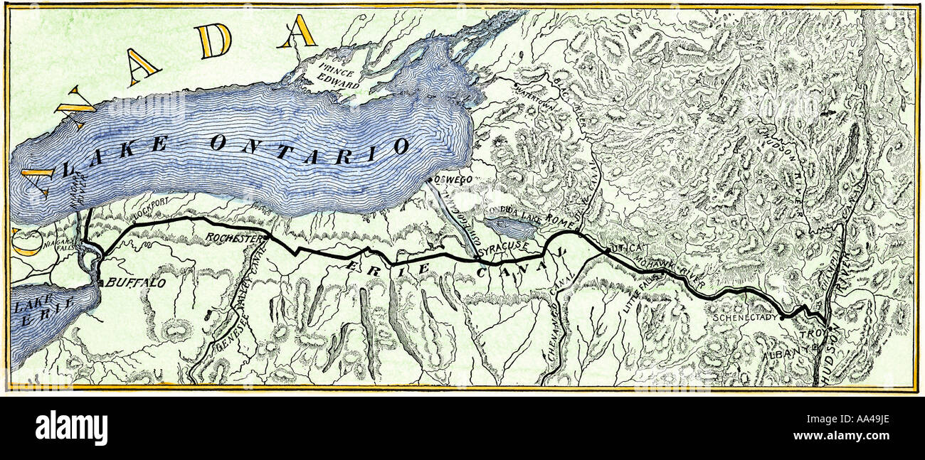 Map of the Erie Canal across New York State 1800s. Hand-colored woodcut Stock Photo