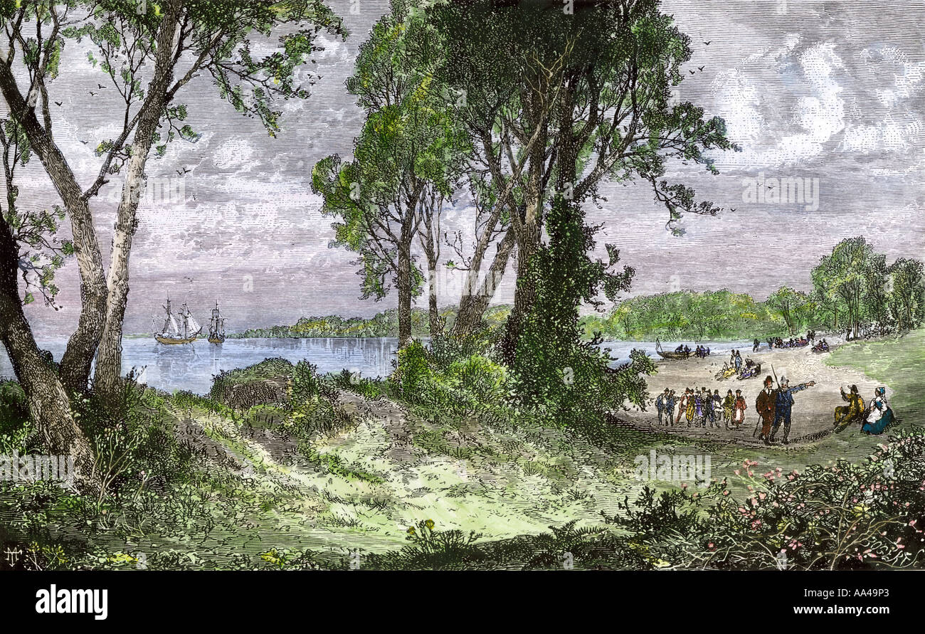 Swedish colonists landing at Paradise Point on the Atlantic shore of Delaware 1600s. Hand-colored woodcut Stock Photo