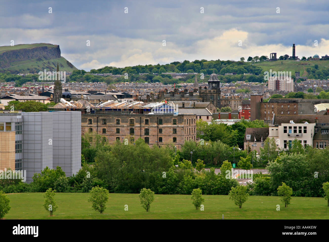 leith flats view to edinburgh salisbury crag calton hill beyond