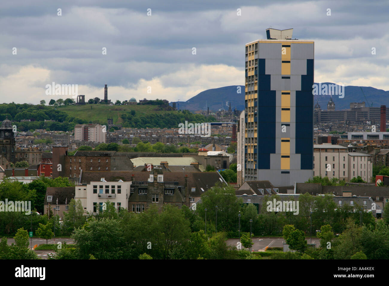 leith flats view to edinburgh salisbury crag calton hill beyond