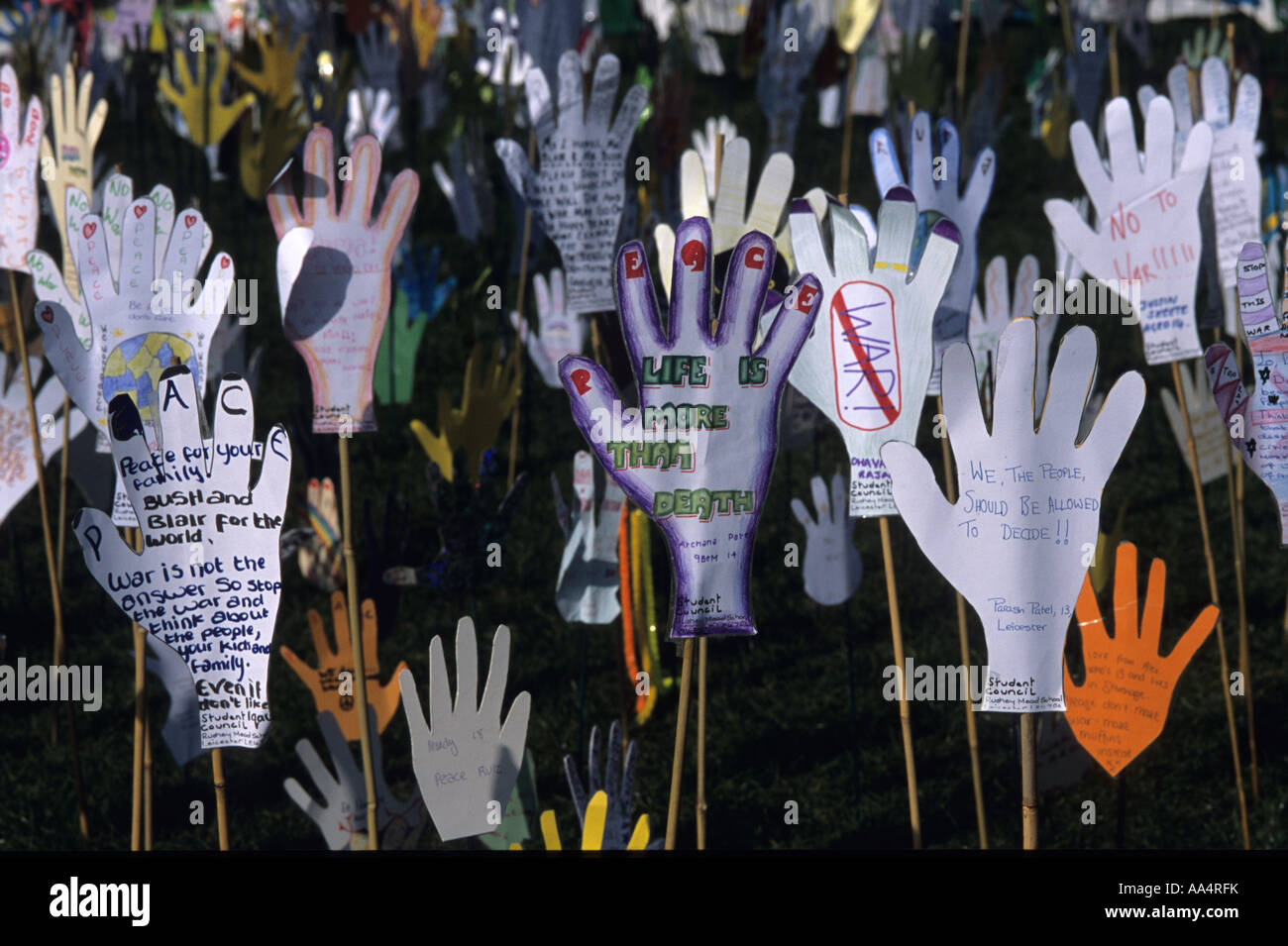 London England 2003 Anti Iraq war protest .Sea of paper hands decorated by young people with messages asking for peace Stock Photo