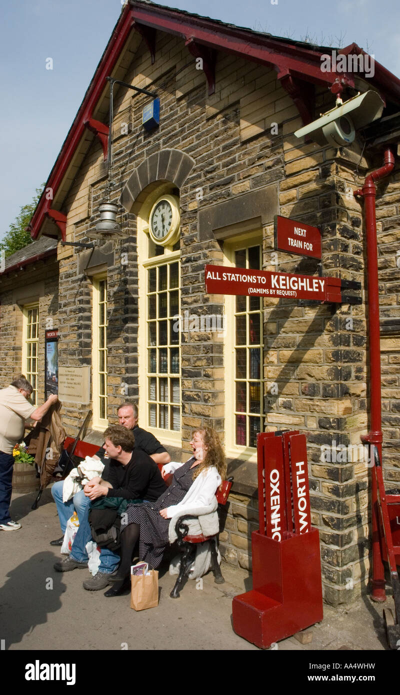 Passengers waiting on Haworth Station for a steam train ride on the Haworth and Worth Valley line Stock Photo