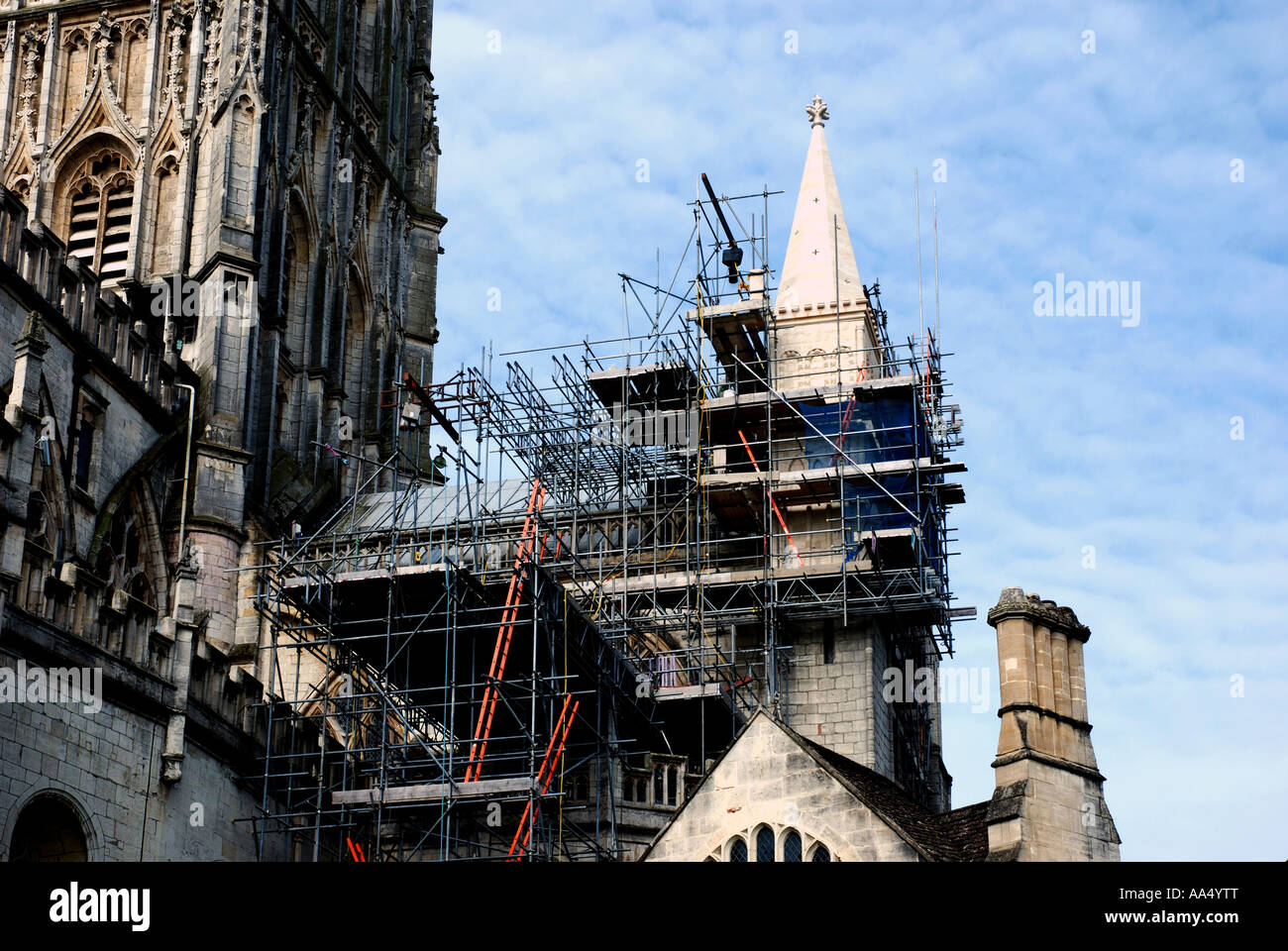 Scaffolding on Gloucester Cathedral, Gloucestershire, England, UK Stock