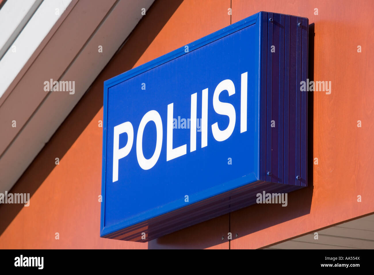 Finnish police sign on building wall, Finland Europe Stock Photo