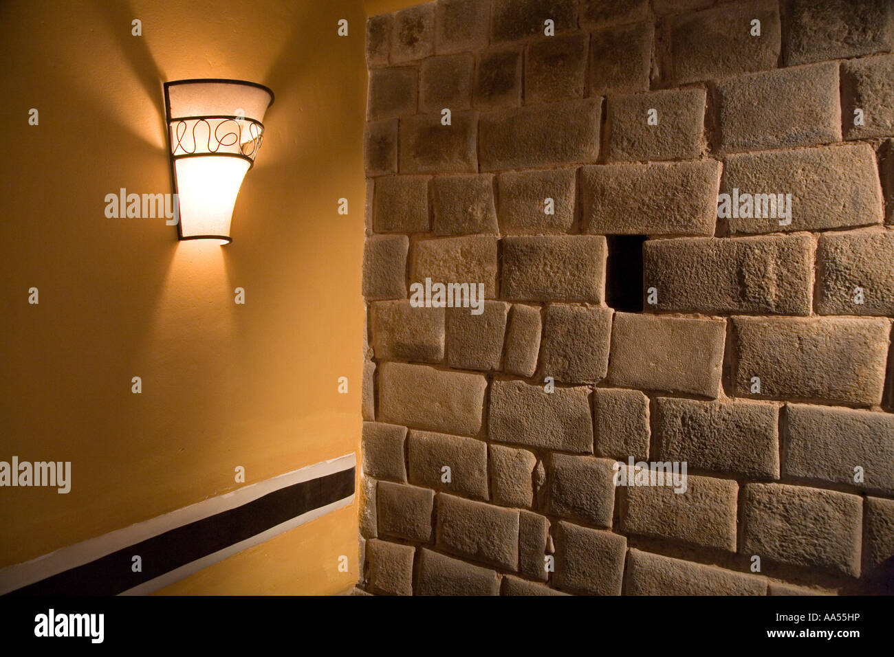 The Incan walls inside a coffee shop in Cuzco,  Peru Stock Photo