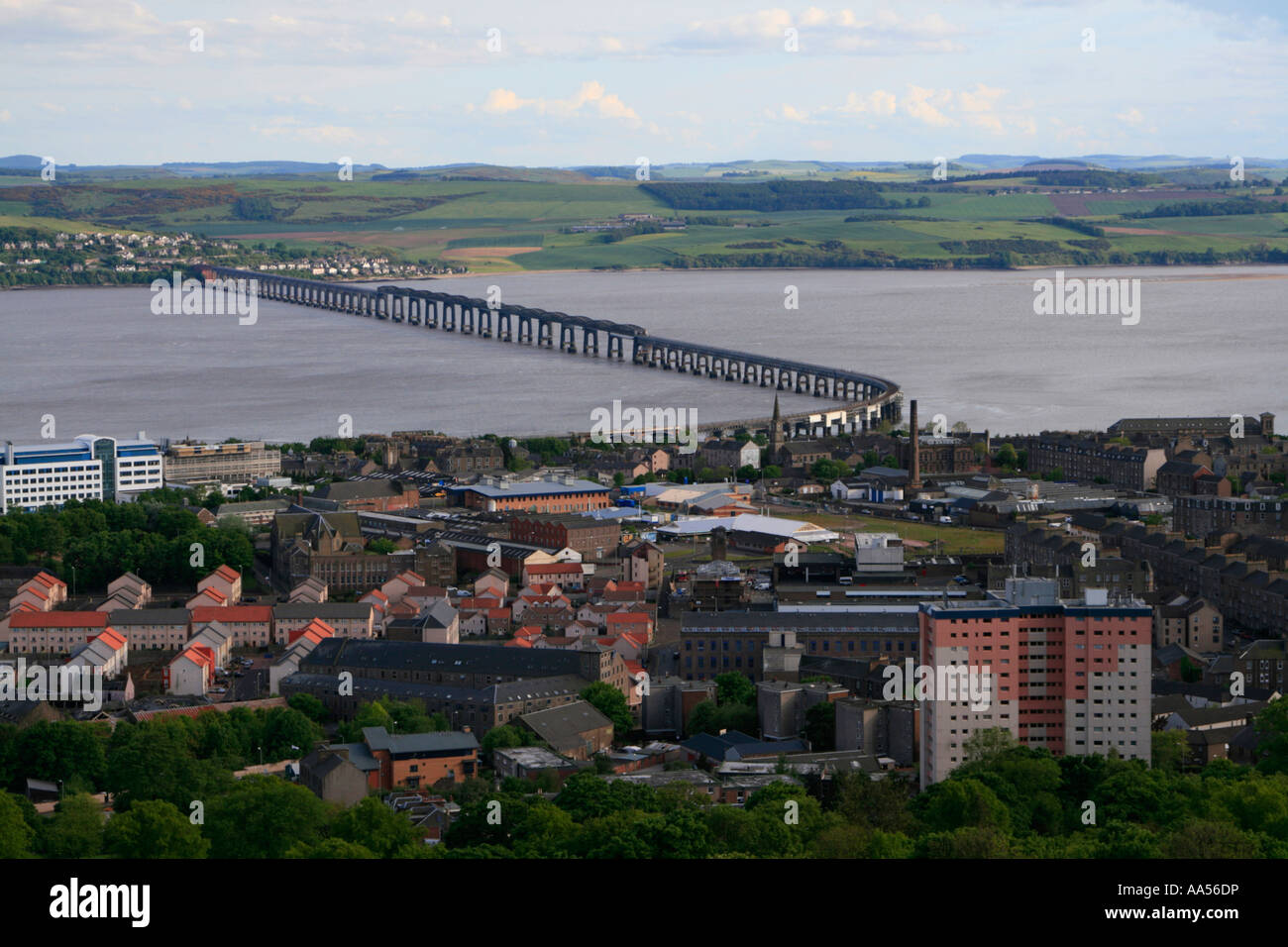 dundee city view river tay railway bridge from dundee law hill summit
