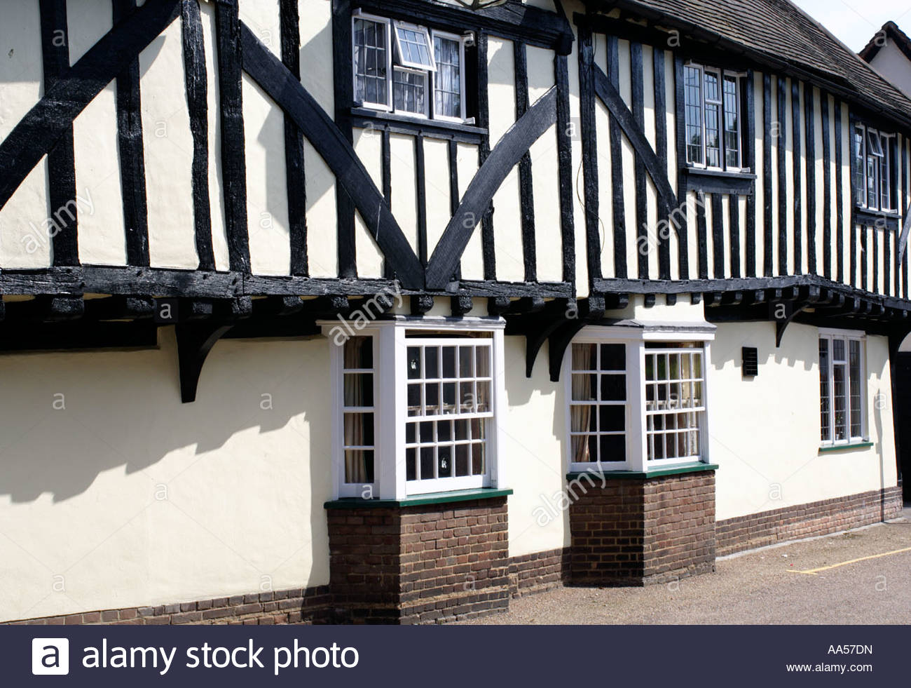 Half timbered houses with overhanging jetties on first floor in the