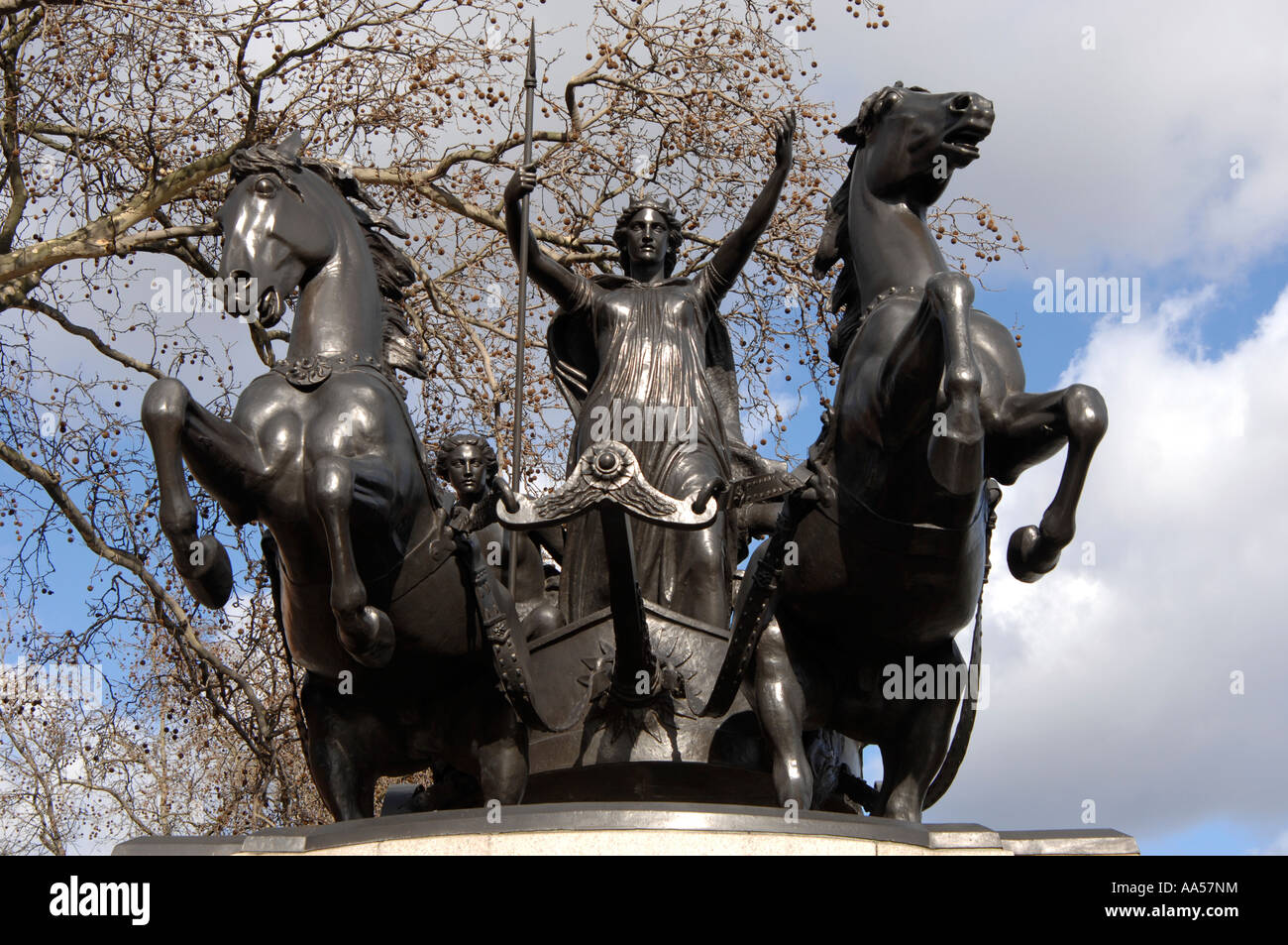 Boadicea and Her Daughters Statue, Westminster, London, UK. Boudicca Queen of the Iceni tribe of Britons, rebelled against Roman rule. Stock Photo